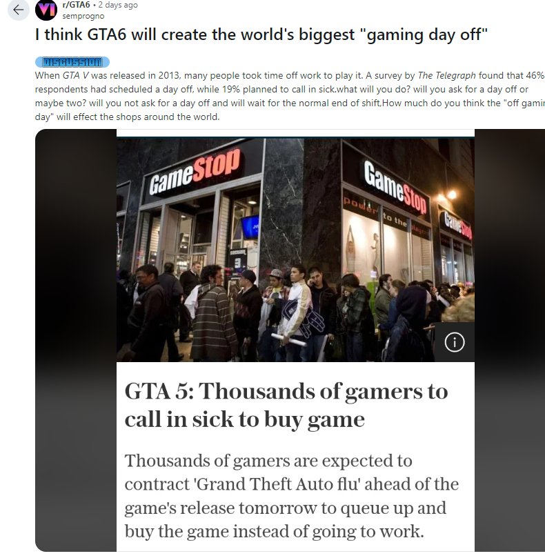 《GTA6》粉丝期盼发售日变公众假期，纷纷酝酿请假攻略