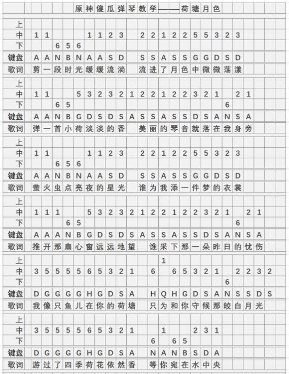 《原神》荷塘月色琴谱